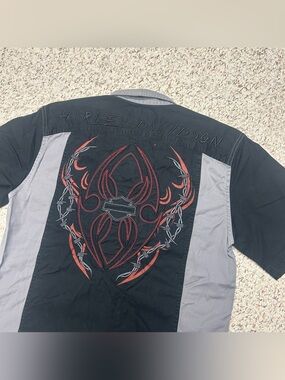 Harley Davidson Embroidered Mechanic Shop Button Up Shirt Sz Small Motorcycle